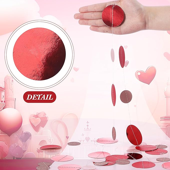 Outus 5 Pieces Red,Pink Round Dots Garland Easter Graduation Party Hanging Decor Each Length 13.1ft Glitter Paper Dot Streamers for Birthday Wedding Classroom