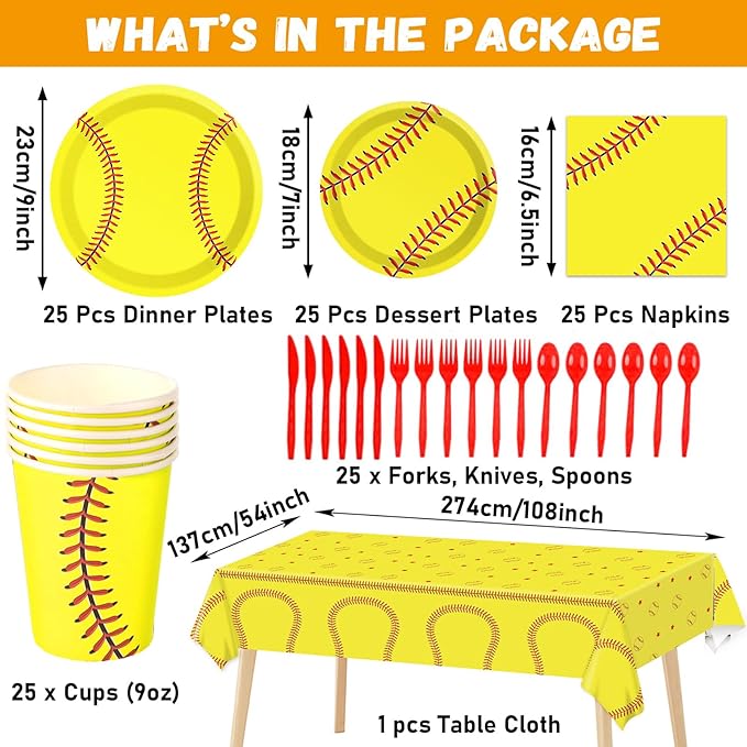 184pcs Softball Birthday Party Supplies Set Includes Softball Plates Napkins Cups Tablecloth Swirls Banner Tableware Kit Dispose Softball Party Decorations Favors for Girl Woman Man, Serve 25