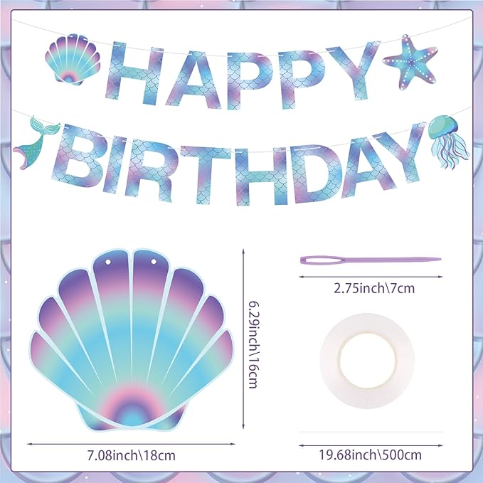 Mermaid Birthday Banner Sign, Mermaid Happy Birthday Bunting Banner Flag Garland for Girls Kids Baby Party, Baby Shower Decorations Supplies