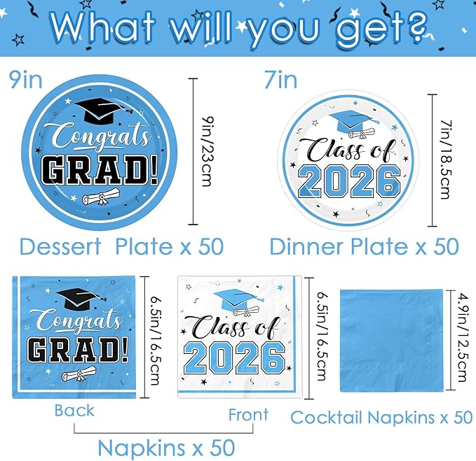 Light Blue Graduation Plates and Napkins Class of 2026 Grad Congrats Party Supplies Disposable Dessert Paper Plates Cocktail Napkins for Sky Blue Graduation Party Decorations,Serve 50