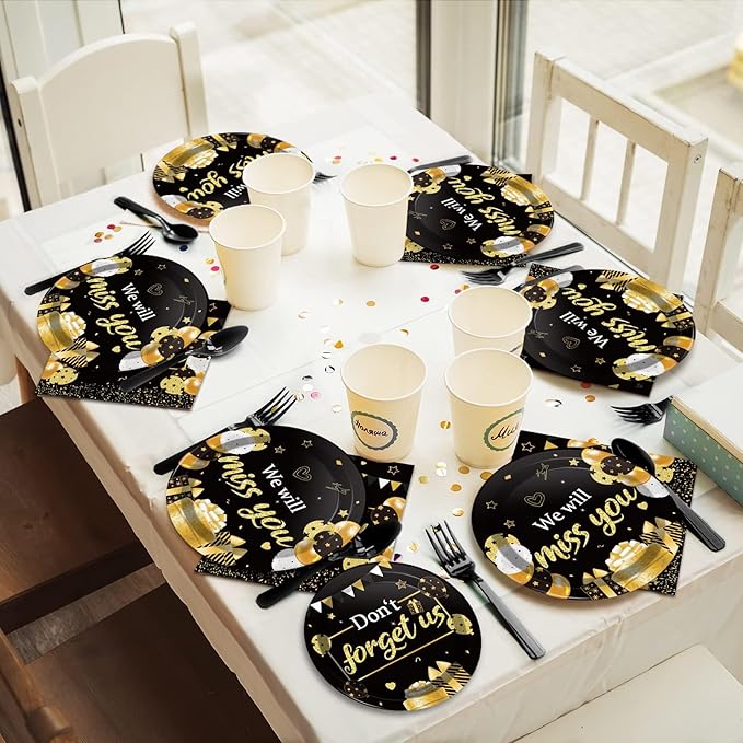 96pcs We Will Miss You Party Paper Plates Napkins Farewell Party Decoration Going Away Party Disposable Dinner Tableware Gold Black Goodbye Party Supplies Graduation Leaving Retirement Party 24 Guests