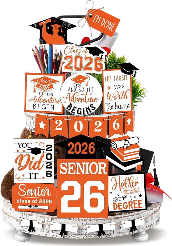 22 Pcs 2026 Graduation Tiered Tray Decor Sets Wooden Graduation Class of 2026 Table Decorations Senior 2026 Gown Diploma Farmhouse Signs for Home Shelf Party Office Desk(Orange)