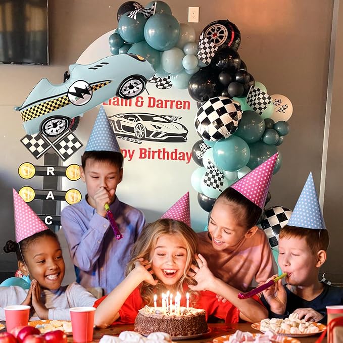 Race Car Balloon Garland Arch Kit 154PCS Dusty Blue Black Latex Balloon Wheel Checkered Foil Balloons for Race Car Baby Shower Party Two Fast Birthday Party Decorations