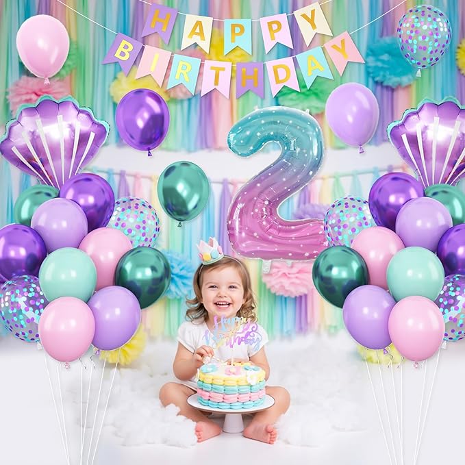 2nd Mermaid Birthday Decorations for Girls,2nd Party Decorations Metallic Purple Green Pink Blue Latex Balloons Number 2 Seashell Foil Balloons Banner Cake Topper Sea Party Decor