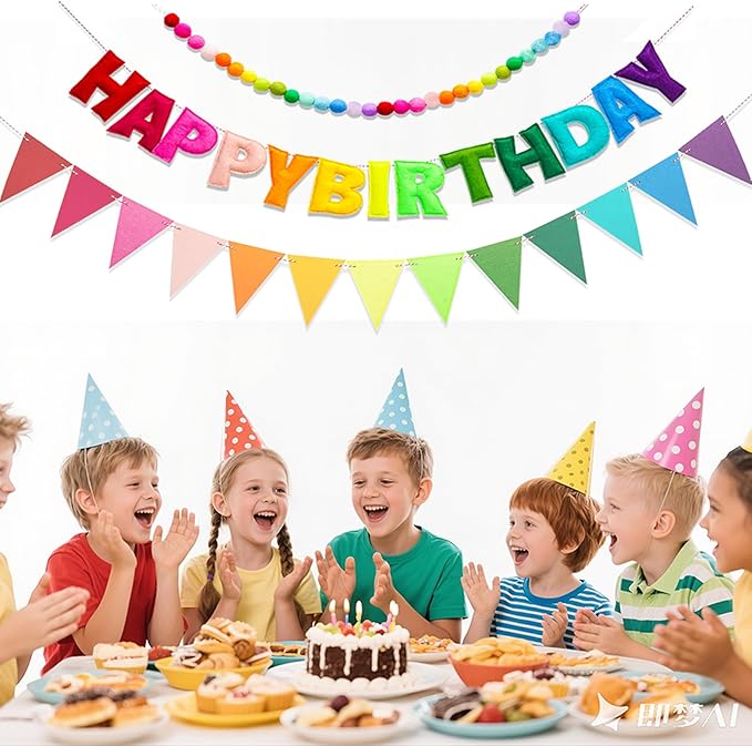 Pre-Strung Happy Birthday Banner,3D Effect Rainbow Birthday Party Decorations with Felt Garland, Pom Pom Garland, Felt Triangular Flag,Reusable Party Supplies for Kids Adults & Pets