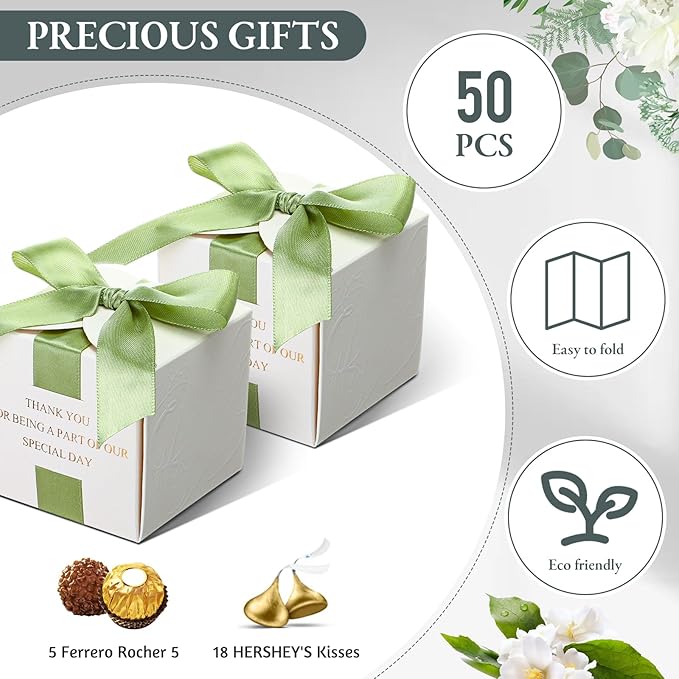 Marspark 50 Pcs Wedding Favor Boxes, 2.5 x 2.5 x 2.5 Inch Wedding Party Candy Boxes with Green Ribbons Bridal Gift for Guests Bridal Shower Birthday Party Anniversary Supplies