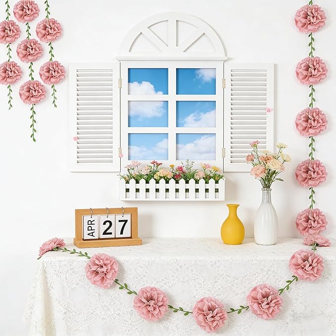 Pink Flower Garland for Backdrop - 2 Pcs Artificial Hanging Flower Garlands for Living Room Wedding Arch Decor, 8.2 Ft Fake Paper Floral Vines for Wall Window Garden Party Decoration