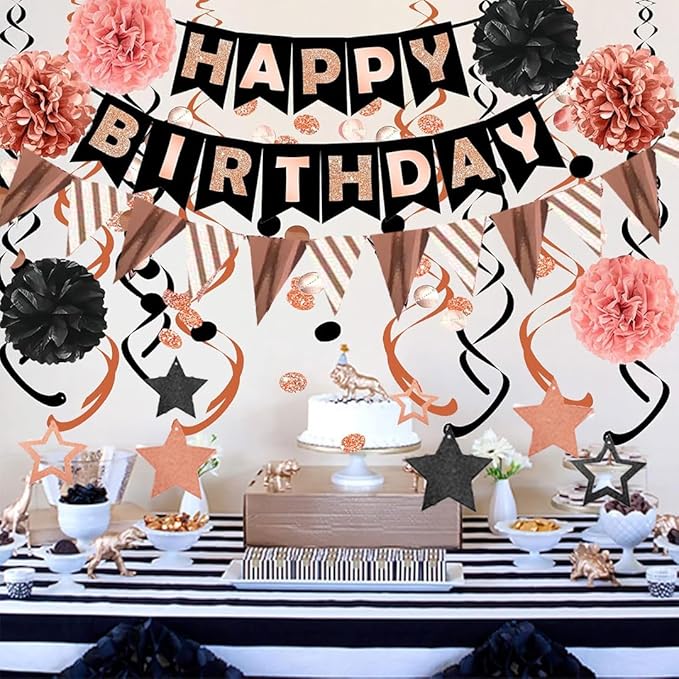 Birthday Decorations, Happy Birthday Banner with Honeycomb Balls, Stars Hanging Swirl Streamers, Buntings Circle Dots Garland, Party Decorations for Women Men Boys Girls (Rose Gold & Black)
