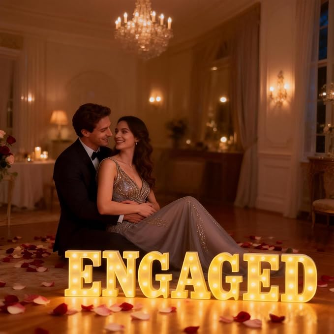 8.6 Inch Engaged LED Letter Lights - 7 Pcs Battery Powered Marquee Letters Sign, Warm Yellow Glow for Wedding Engagement Bridal Shower Proposal Party Table Wall Decor