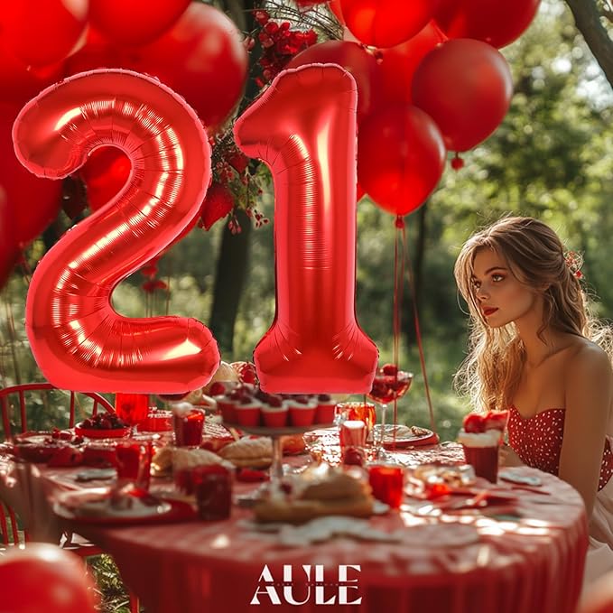 AULE 40 Inch Big Red Foil 21 Number Balloons for Women Large 21st Happy Birthday Decorations Giant Huge Helium Mylar 12 Anniversary Party Decor