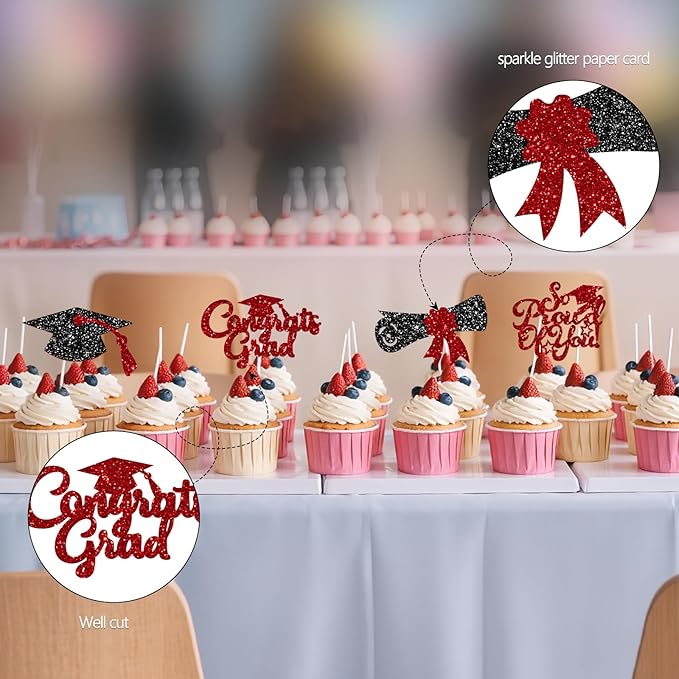 24Pcs Black Red Graduation Cupcake Toppers 2026, Glitter Grad Cap Diploma Congrats Grad We Are So Proud of You Cupcake Toppers for Class of 2026 Graduation Party Decorations.