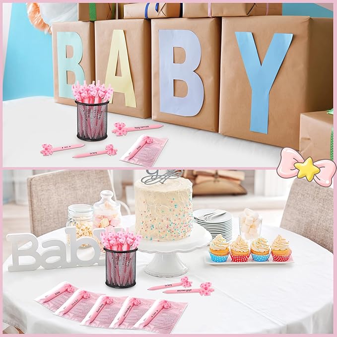 50 Set Baby Shower Party Gift Pen Favors for Guests Include 50 Pink Blue Bow Ballpoint Pens 50 Baby Shower Thank You Cards with Opp Bags for Gender Reveal Party Prizes Souvenirs(Girl)