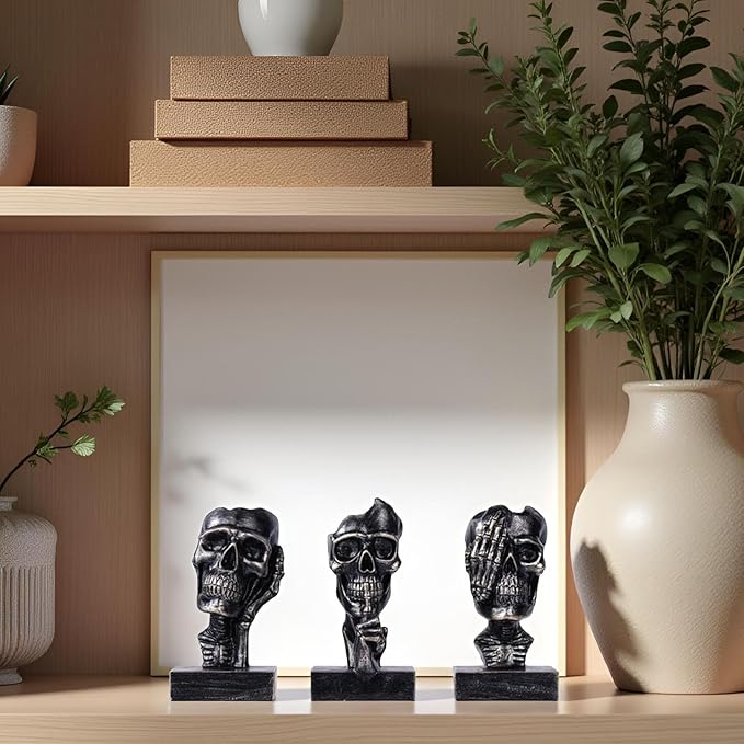 See Hear Speak No Evil Skeleton Figurines Set,Gothic Evil Skull Trio Statue,Vintage Skeletons for Halloween Decorations Indoor,Living Room Fireplace Floating Shelf Coffee Table Centerpiece Decor