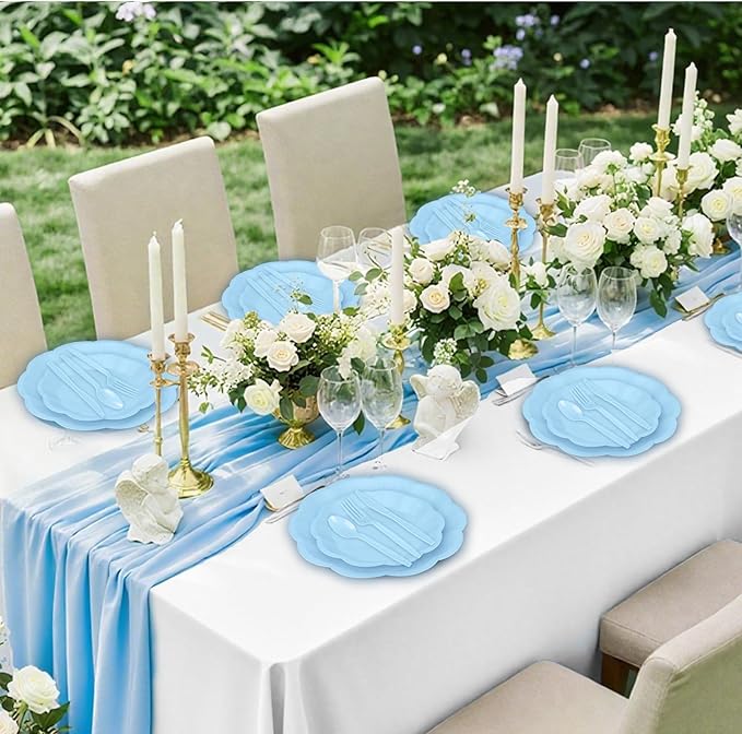 350 Pcs Light Blue Paper Plates and Napkins Set Include 9" Easter Plates, 7" Dessert Plate Disposable Scalloped Tableware Serve 50 Guest for Wedding Boy Baby Shower Bridal Shower Birthday