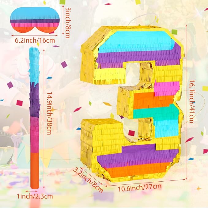 Rainbow Number 3 Pinata for 3rd Birthday Party Decorations, Fiesta, Centerpieces, Kids Anniversary, Celebrations, Birthday Party Supplies (16.1 x 10.6 x 3 Inches)