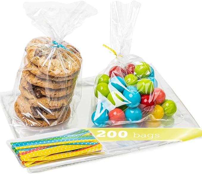 TATTI 100 Pack Clear Cellophane Bags for Favors - Transparent Goodie Bags for Birthday Party, 6x10 Inch Clear Bags with 5-Inch Twist Ties - Candy, Treat, Cookie Bags for Gift Giving