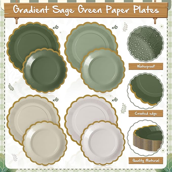 Mimorou 338 Pcs Sage Green Plates and Napkins Party Supplies for Guests Sage Green Tableware Include Scalloped Plates Paper Napkin Cup Spoon Fork Knife for Baby Shower, Wedding, Birthday