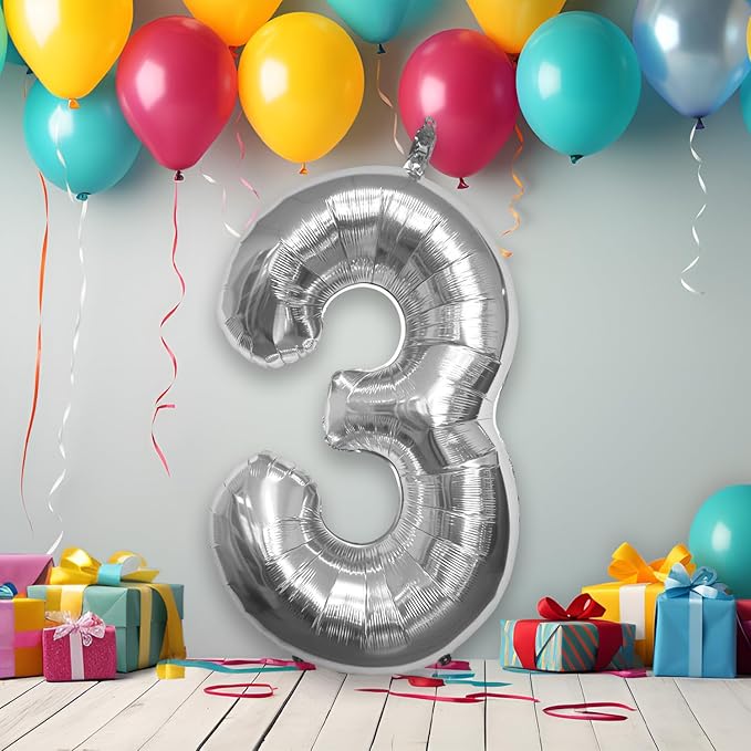 40 Inch Large Silver Number Celebration and Decoration Balloon for Birthday Parties, Graduations, Anniversaries, Weddings, Photo Shoots, Special Events - Helium Foil (Silver Number 3)