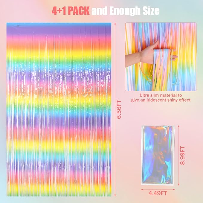 5 Pcs Rainbow Foil Fringe Curtains Backdrop (3.28 x 6.56 ft) with Tablecloth - Streamers Party Decorations for Birthday, Wedding, Baby Shower, Bachelorette, Christmas & Holiday Celebrations
