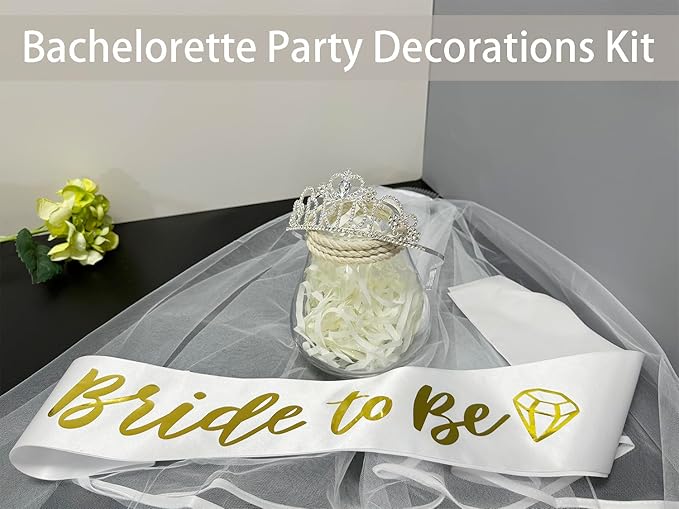 JETKONG 3 Pcs Bachelorette Party Decorations BRIDE Crown, Bride to Be Sash&Veil for Women Bachelorette Party Gifts, Bridal Shower Supplies, Gifts, Favors (Silver)