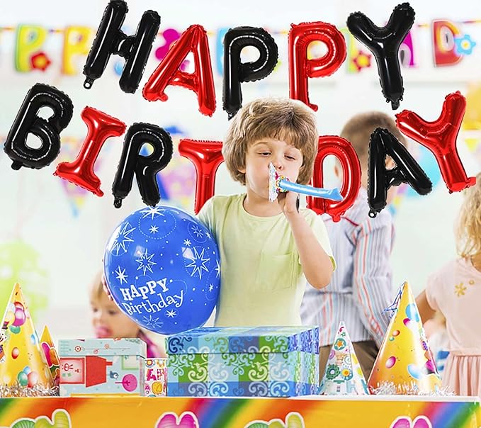 KALOR Black and Red Happy Birthday Balloons Banner, 16 Inch Mylar Foil Letters Balloon Sign for Birthday Party Decorations Photo Booth Backdrop