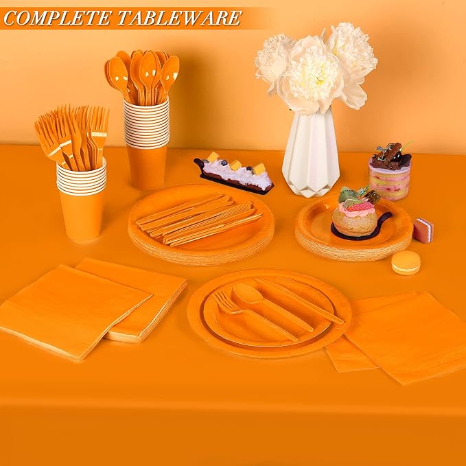ADXCO 169-Piece Orange Party Pack: Plates, Cups, Napkins, Utensils, Tablecloth for 24 Guests - Orange Wedding or Birthday Party Decorations