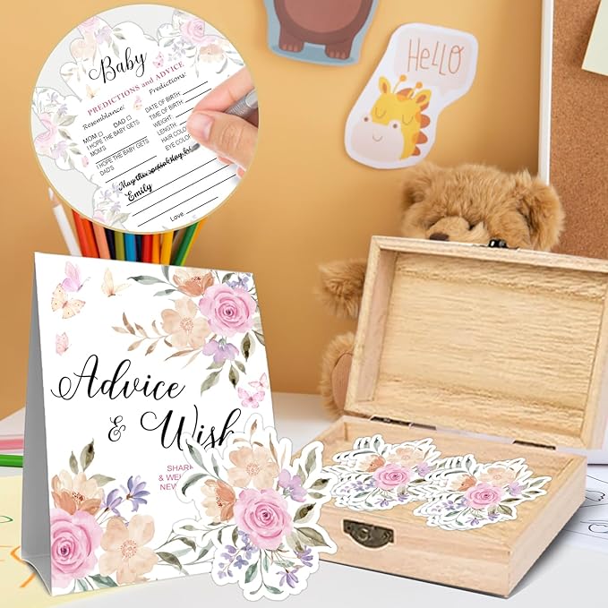 Rose Baby Shower Advice & Wishes Cards Set, Bloom Flowers Decoration for Babies,50 Pcs Double Sided Pink Rose Cards with Wooden Keepsake Box, Baby Shower Boy Girl Party Gift Boxes for New Parents