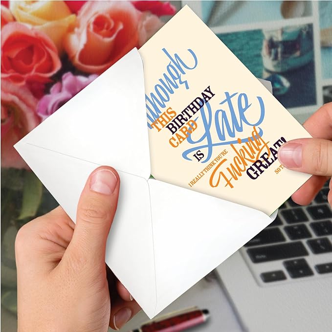 NobleWorks - 1 Funny Belated Happy Birthday Greeting Card - Sassy Bday Card, Stationery Humor - Late Card C7348BEG