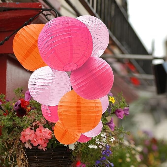 12 Pcs Pink Orange Paper Lanterns Decorative Round Hanging Lanterns for Birthday Baby Shower Wedding Graduation Fall Autumn Thanks Giving Party Decoration