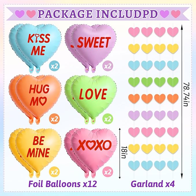 12pcs Valentine's Day Heart Balloons, 18 Inch Foil Heart Shaped Balloons With Heart Garland Valentines Galentines Day Decorations