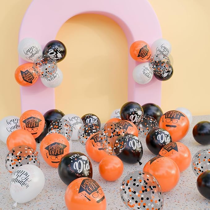 OuMuaMua 75 Pack Graduation Party Decorations Balloons Set - 12" Black White Orange Graduation Balloons Black Orange White Confetti Latex Baloons for Class of 2026 Grad Birthday Party Decor Supplies