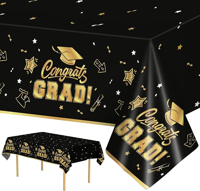 2 Pack Graduation Tablecloth - Congrats Grad Table Cloths, Plastic Disposable Rectangle Black Gold Class of 2026 Table Cover for Graduation Tables Decorations Party Decor Supplies Favors,108 x 54 Inch