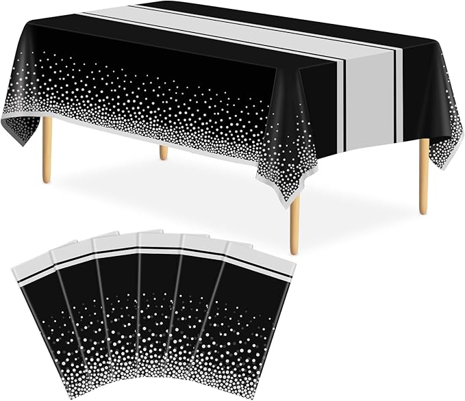 6 Pack Black and Silver Tablecloth Party Decorations Plastic Black Tablecloth Printed Silver Table Runner 54 x108 Inch Disposable Rectangle Table Cover for Birthday Wedding Graduation