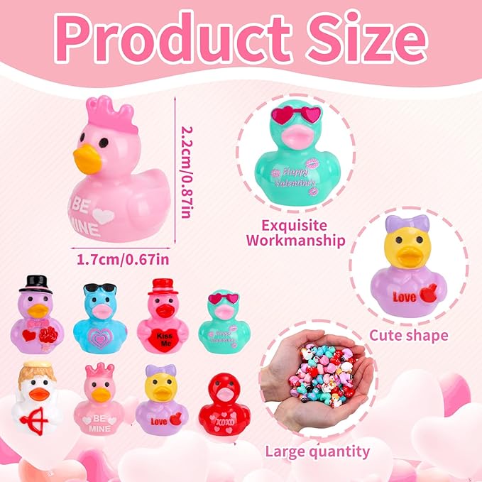 200 Pcs Valentine's Day Mini Resin Ducks 8 Style Bulk Love Heart Duck Figures to Hide for Valentines Gifts Home Tabletop Garden Miniature Landscape Cake Birthday Party Decor