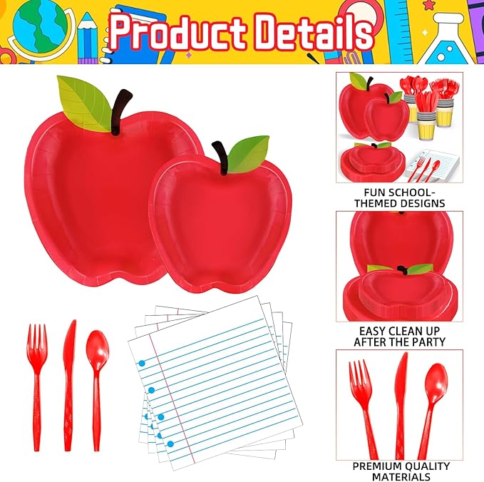 175 Pcs Back to School Party Supplies Tableware Set – Serves 25, Red Apple and Notebook Paper Theme Disposable Plates, Cups, Napkins, Forks, Spoons, Knives for Classroom, Teacher, School Decorations