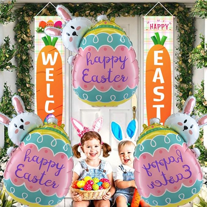 Bunny Eggs Balloons Easter Balloons Rabbit Egg Balloon for Easter Party Decorations Themed Party Bunny Birthday Party Decorations Decor Supplies Party Balloon Set 3pcs