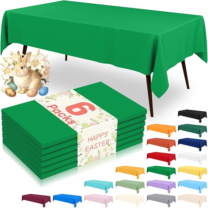 misaya 6 Packs Disposable Plastic Table Cloth, 54 x 108 Inch Waterproof Rectangle Tablecloth, Leakproof & Sturdy Decorative Table Covers for Easter, Picnic, Party and Outdoor, Green