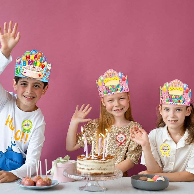 WorldBazaar Birthday Crowns for Kids Classroom 36 Pack Happy Birthday Hats with Badge Stickers Teacher Classroom School Family VBS Party Supplies