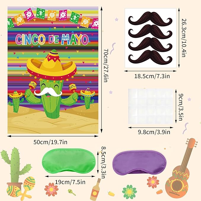 AUGSUN Mexican Fiesta Party Games Pin Tail Game Poster Large Cinco De Mayo Game with Stickers and Blindfolds for 5 De Mayo Mexican Themed Fiesta Party Supplies Family Activities Decorations