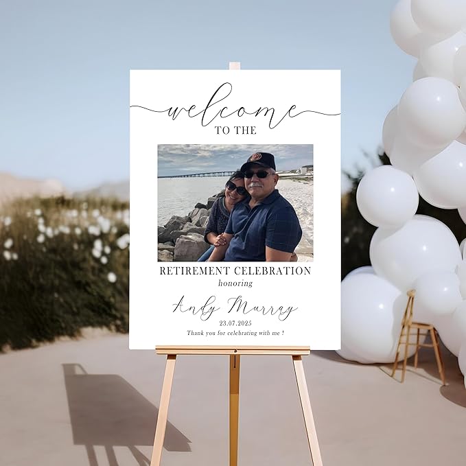 Custom Modern Retirement Party Welcome Sign, Minimal with Photo Retirement Celebration Yard Sign, Elegant White Retired Party Decor, Customizable Name & Date - Multiple Sizes