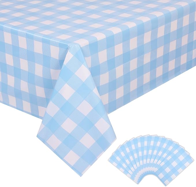 Kesfey 12 Packs Light Blue Gingham Tablecloth Pale Blue and White Checkered Tablecloths 54 x 108 Inch Disposable Plastic Gingham Tablecovers Waterproof Rectangle Picnic Table Cover for Birthday Party