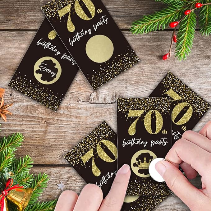 REWIDPARTY Black Gold 70th Birthday Party Scratch Off Game Cards (32 PCS) Cheers to 70 Years Prize Raffle Tickets Happy 70th Birthday Party Scratch Cards Supplies Activity for Family Friends Adults