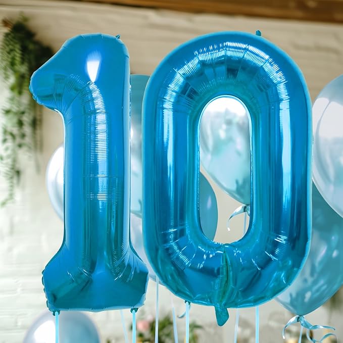 40 Inch Large Blue Number Celebration and Decoration Balloon for Birthday Parties, Graduations, Anniversaries, Weddings, Photo Shoots, Special Events - Helium Foil Mylar (Blue Number 10)
