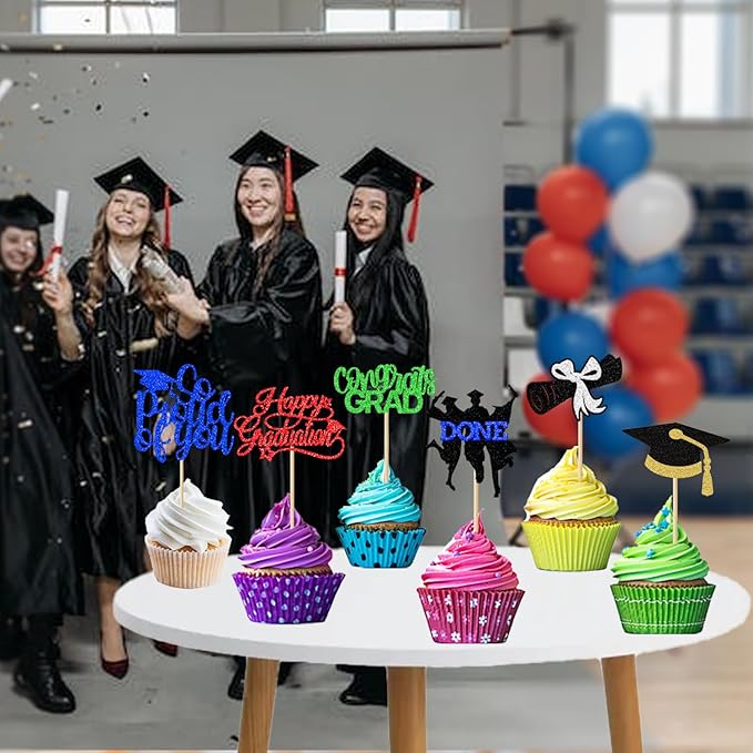 24 Pack 2026 Congrats Grad Cupcake Toppers Set, Glitter Graduation Cupcake Decor, Class of 2026 Cupcake Picks for Senior High School College Grad Party Decorations(Black with Royal Blue) B