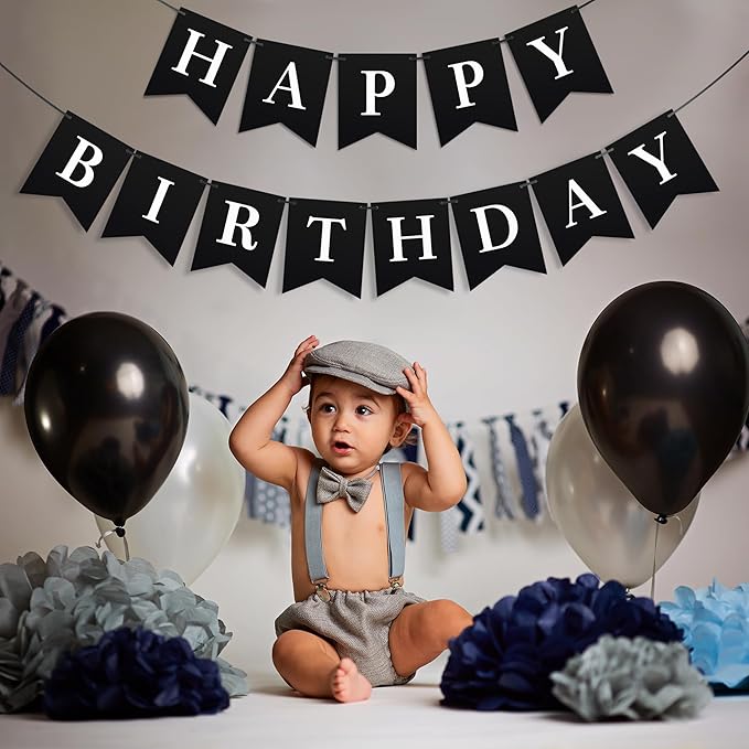 Black Happy Birthday Banner - Black Hanging Backdrop Sign With White Letters, Happy Birthday Sign Bunting Decorations For Men Women Kids Baby Shower Party Supplies (13pcs)