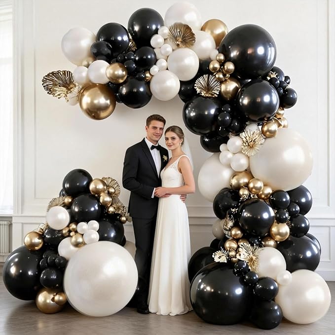 Black and Gold Balloon Arch Kit, Double Stuffed 129 Pcs Gold and Black Balloons Garland with Black Pearl White Sand Ivory Chrome Gold Balloons for Wedding Birthday Event New Year's Party Decoration