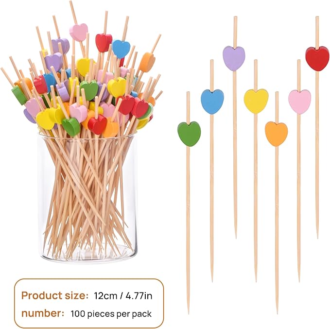 JtmyAota 100 Pack Fruit Toothpicks, Heart-Shaped Bamboo Cocktail Picks, Natural Bamboo Toothpicks for Appetizers Fruit Cake Dessert Barbecue Snacks Sandwiches (Multicolor)