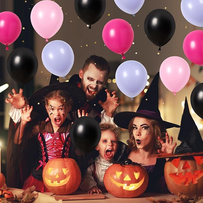 Halloween Balloons Garland Arch Kit, Macaron Pink Purple Balloons with Skeleton Guard Pumpkin Bat Foil Balloon, Black Hot Pink Halloween Balloon with 3D Fake Bats For Party Home Garden Decorations