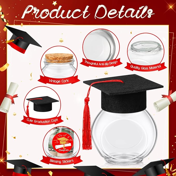 20 Sets Glass Graduation Cap Candy Jars Class of 2026 Graduation Party Decorations Candy Boxes Containers with Sticker for 2026 Grad Ceremony Party Supplies DIY(Red and Gold)