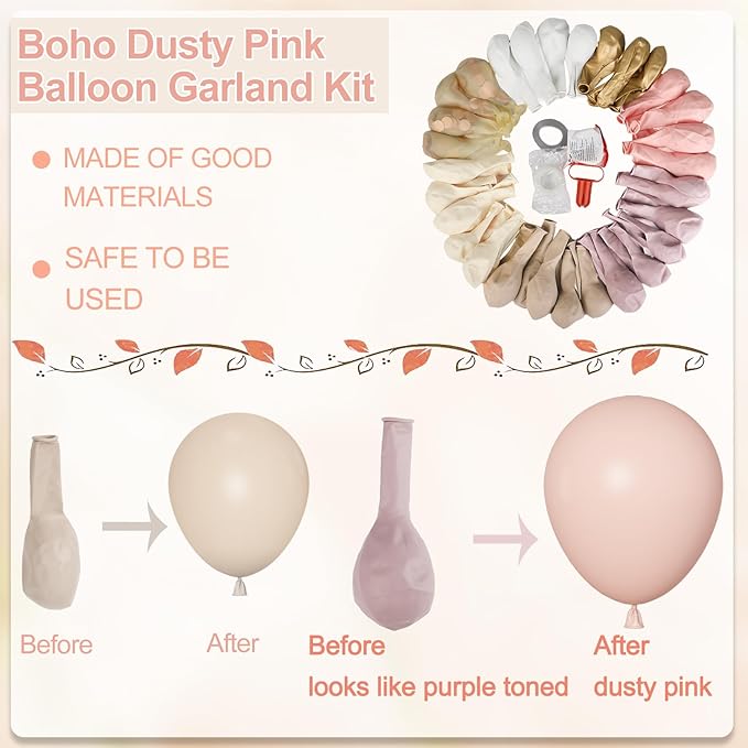 Amandir 173Pcs Boho Dusty Pink Balloon Arch Garland Kit, Neutral Baby Pink Ivory White Sand Nude Rose Gold Confetti Balloons for Girl Baby Shower Gender Reveal Wedding Birthday Party Decorations